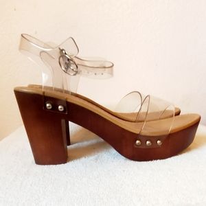 Madden Girl clear and wood platform chunky heel shoe. Size 10